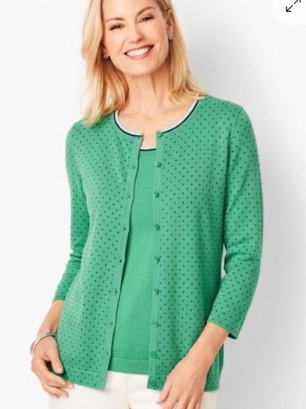 Talbots XL Green Polka Dot Crewneck charming Cardigan Sweater